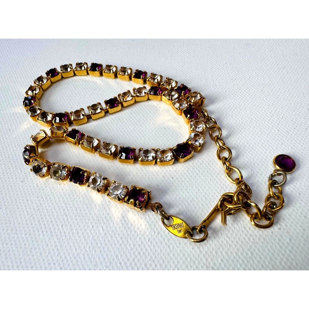 Vintage Trifari Purple Rhinestone Tennis Necklace Gold Tone Choker